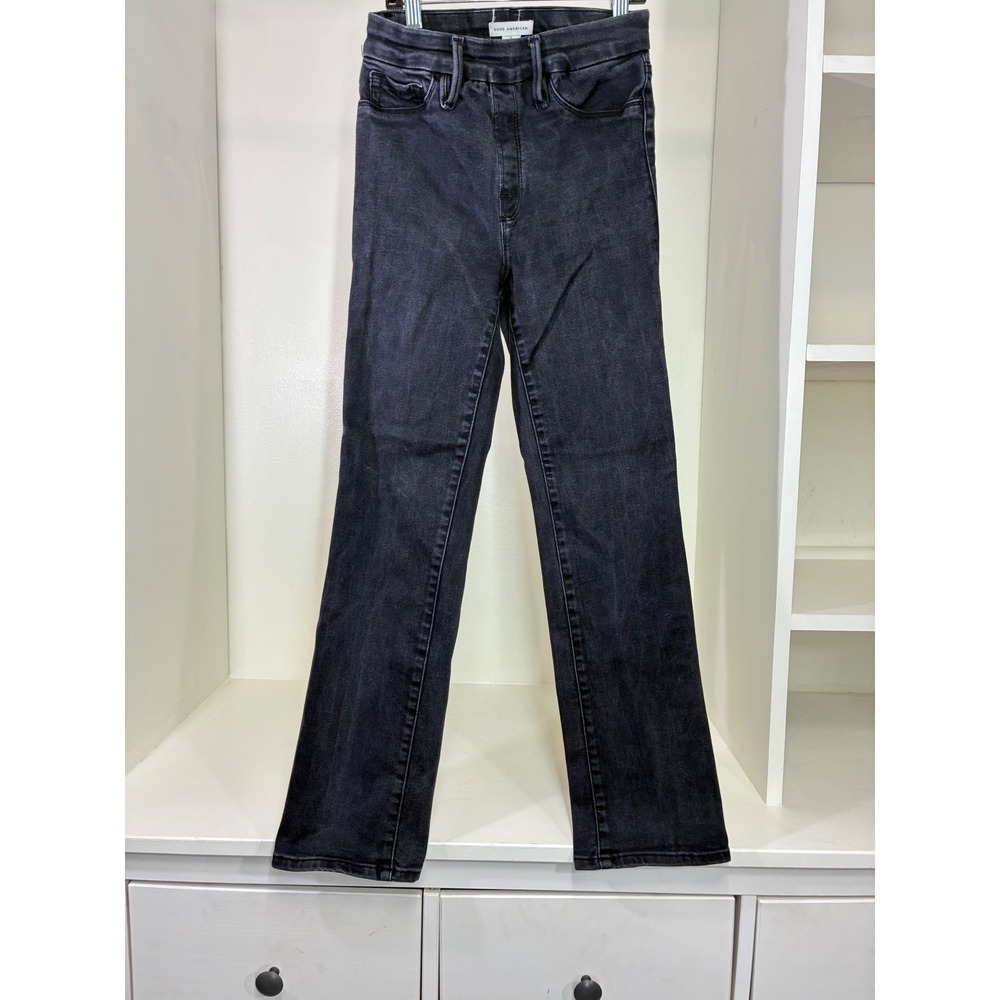 Good American Pull On Straight Jeans Black001 High Rise Size‎ S